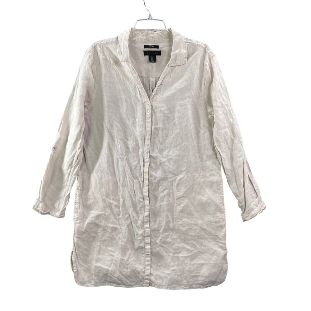 Tahari Linen Button Up‎ Shirt Women Large Beige Longline Tunic Roll Tab Sleeve